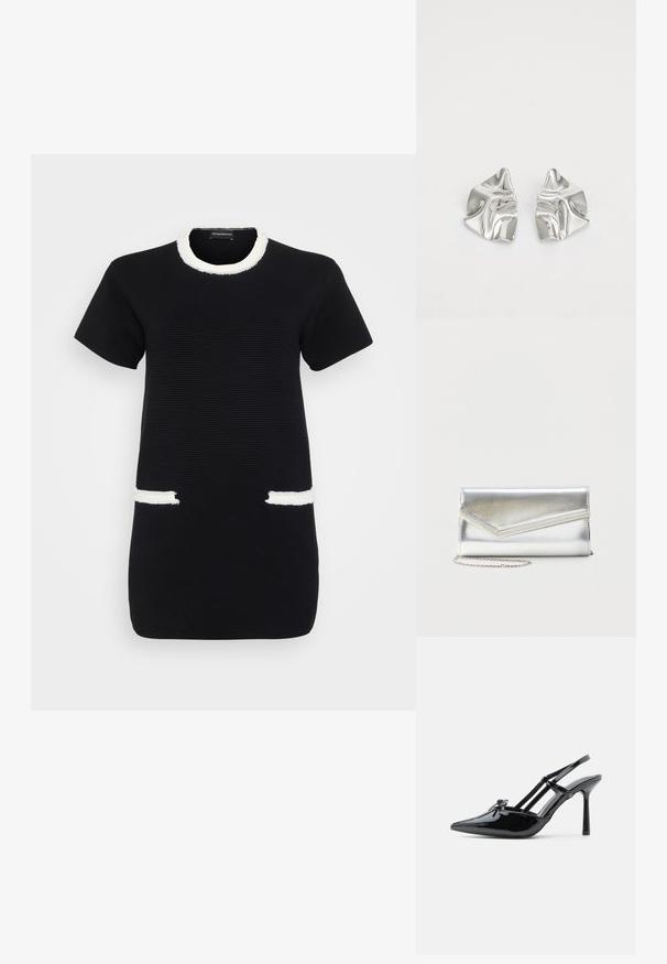 Schwarzes, kurzärmeliges geripptes Kleid mit weißem ausgefranstem Besatz am Rundhalsausschnitt und zwei vorderen Taschenöffnungen.; Schwarzer Slingback-Schuh aus Lackleder mit spitzer Spitze, dünnem Absatz und doppelt über dem Rist verlaufenden Riemchen.; Glänzende silberne Clutch mit Umschlagklappe und dekorativem Besatz, kleiner silberner Kettenriemen, auf einfachem hellem Hintergrund.; Silberne Metallohrringe mit einem wellenförmigen, skulpturalen Design, das eine polierte Oberfläche und unregelmäßige Formen aufweist, die eine zeitgenössische Ästhetik betonen.