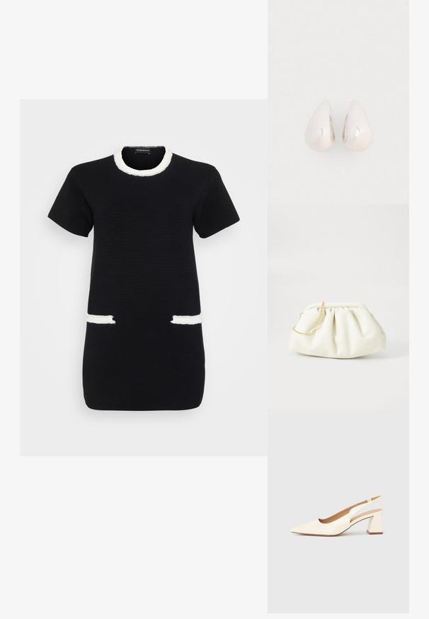 Schwarzes, kurzärmeliges geripptes Kleid mit weißem ausgefranstem Besatz am Rundhalsausschnitt und zwei vorderen Taschenöffnungen.; Slingback-Pumps aus glänzendem cremefarbenem Lackleder, mit spitzer Schuhspitze und klobigem, quadratischem Absatz für Stabilität. Minimalistisches Design, ohne Verzierungen.; Weiße Lederhandtasche mit einem gerafften Design, ausgestattet mit einem goldenen Kettenriemen und einer runden Form. Glatte Textur mit sanften Falten und ohne Muster.; Silberne Metall-Ohrringe in Tropfenform mit einer glatten, reflektierenden Oberfläche, die ein nahtloses Design und keine sichtbaren Verzierungen aufweisen.