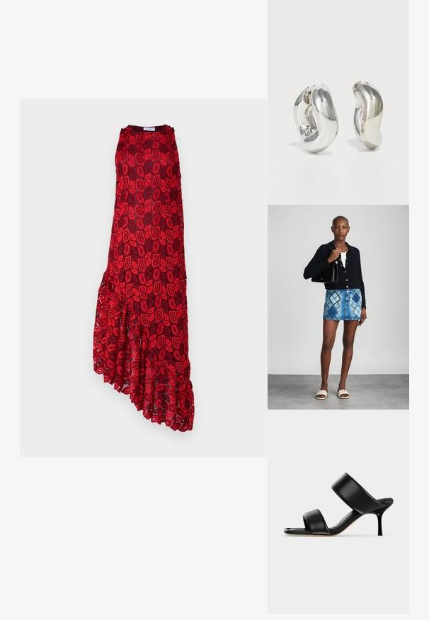Hofmann Copenhagen ASHLEY - Kokteilikleit/peokleit - kiss me red; Mustast nahast mule-tüüpi sandaal kahe laia rihmaga ja õhukese keskmise kõrgusega kontsaga lihtsal heledal taustal.; Mustmustri kootud kardigan, valge topp, sinise ja musta rombimustriga teksaseelik, must käekott ja beežid libisemisega sandaalid.; Hõbedased skulpturaalsed kõrvarõngad, millel on siledad, kaarekujulised vormid ja peegeldavad pinnad. Omavad suletud rõnga disaini ja eristuvat orgaanilist kuju.