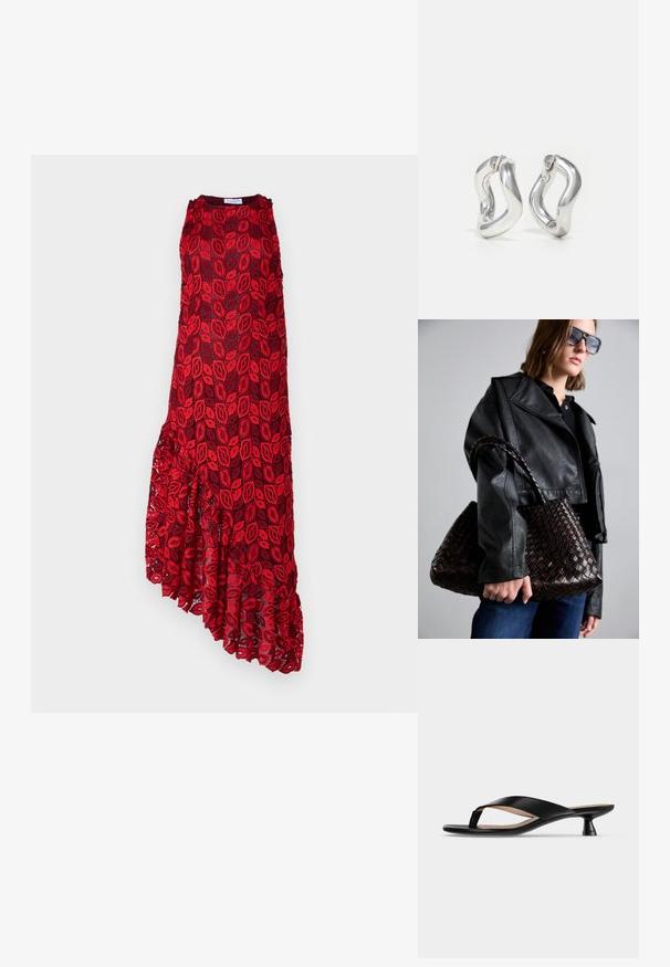 Hofmann Copenhagen ASHLEY - Kokteilikleit/peokleit - kiss me red; Mustast nahast plätud madala peenikese kontsaga ja kergelt ruudukujulise ninaga ühtlasel heledal hallil taustal.; DRAGON DIFFUSION SANTA CROCE BIG - Käekott - dark brown; Hõbedast rõngaskõrvarõngad keerulise disainiga. Ümarad servad ja läikiv viimistlus. Avatud kinnitused mugavaks kandmiseks. Ühtlane sile pind.