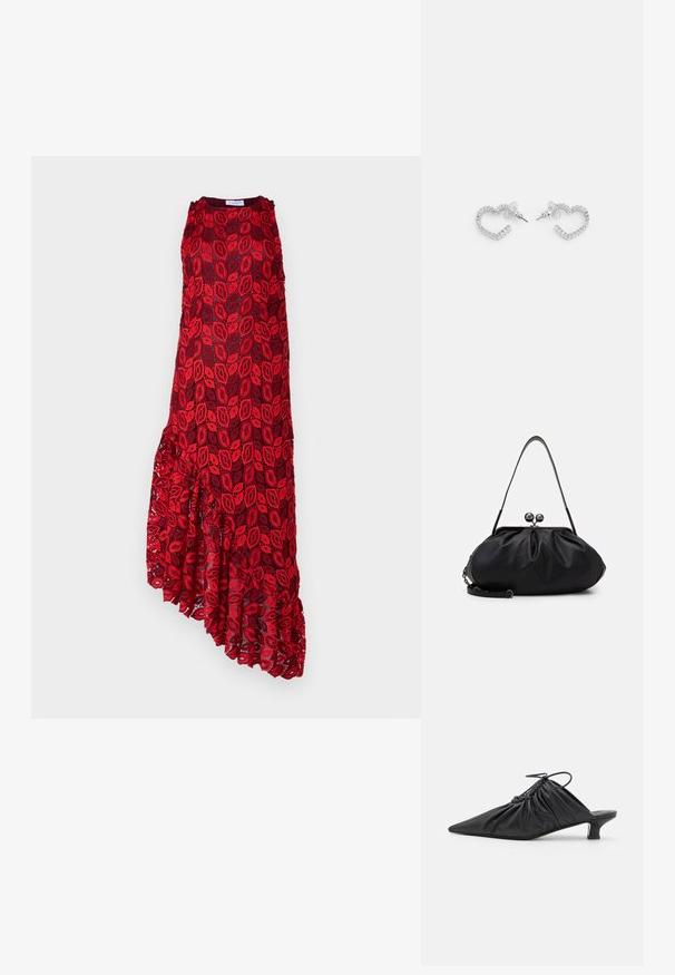 Hofmann Copenhagen ASHLEY - Cocktailjurk - kiss me red; Zwarte leren instappers met een spitse neus, gegatherde textuur en een kleine kittenhiel. Heeft een trekkoorddetail aan de opening.; Weekend Max Mara CUBICO - Clutch - schwarz; Hartvormige oorringen van staal in zilverkleur, met een rij heldere rechthoekige rhinestones langs de randen.