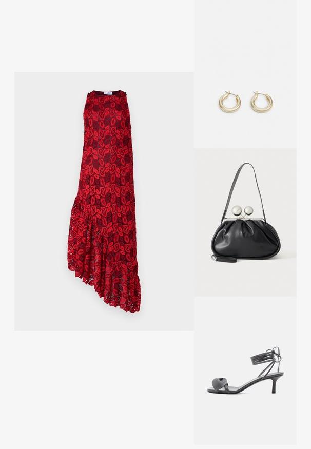 Hofmann Copenhagen ASHLEY - Cocktailjurk - kiss me red; Grijze leren sandaal met hak, voorzien van een geknoopte band bij de tenen en wikkellinten rond de enkel op een slanke sandaal met een middenhoge hak, tegen een witte achtergrond.; Zwarte leren handtas met een geplooid ontwerp, een enkele schouderband, zilverkleurige metalen omlijsting en twee grote ronde zilveren sluitingen.; Lauren Ralph Lauren BASIC SMALL HOOP - Oorbellen - gold-coloured