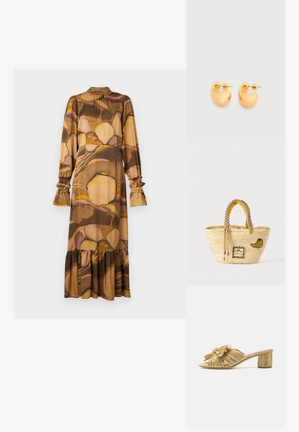 Vestido de manga larga en materiales suaves y mezclados, con un patrón abstracto en tonos marrón y beige, cuello alto, puños acampanados y un dobladillo con volantes.; Sandaña deslizante dorada con detalle de lazo, punta abierta y un tacón cuadrado texturizado. Presenta una suela plana y un forro interno suave.; Bolso tote de paja tejido con asas trenzadas amarillas y beige, decorado con un parche de plátano y un pequeño diseño de pez enmarcado en la parte delantera.; Par de pequeños pendientes de botón de tono dorado, robustos, con formas abstractas suaves y curvas sobre un fondo claro.