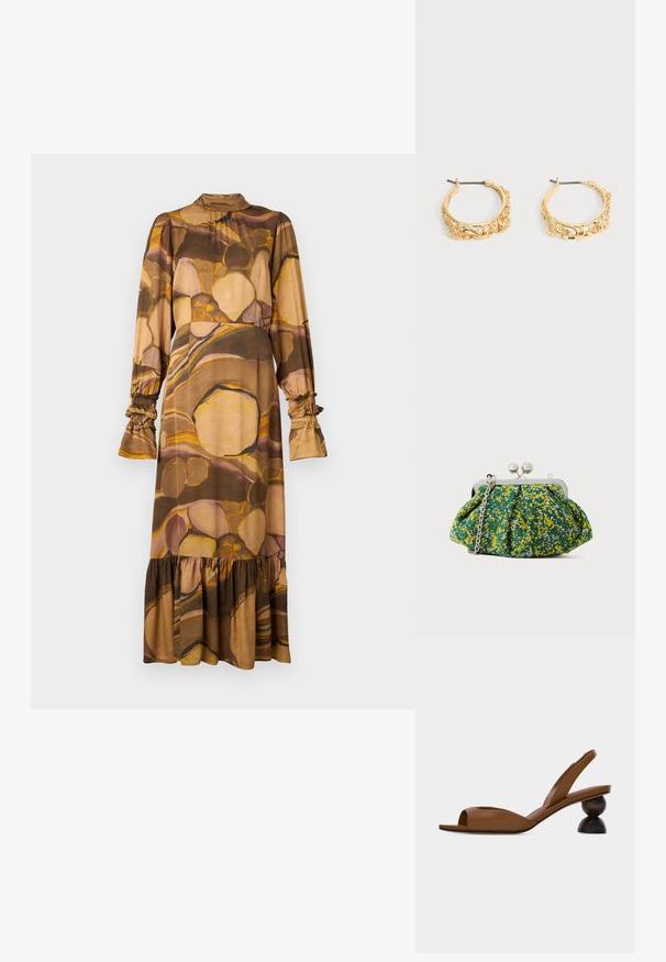 Vestido de manga larga en materiales suaves y mezclados, con un patrón abstracto en tonos marrón y beige, cuello alto, puños acampanados y un dobladillo con volantes.; Sandalia marrón con punta abierta y tiras traseras, con un distintivo tacón redondo de madera de dos piezas, sobre un fondo claro sencillo.; Bolso de mano en tela verde con estampado floral amarillo y azul, marco metálico plateado y correa de cadena. Diseño plisado que añade textura.; Par de pendientes de aro en tono dorado con grabados ornamentales de flores y hojas sobre un fondo neutro.
