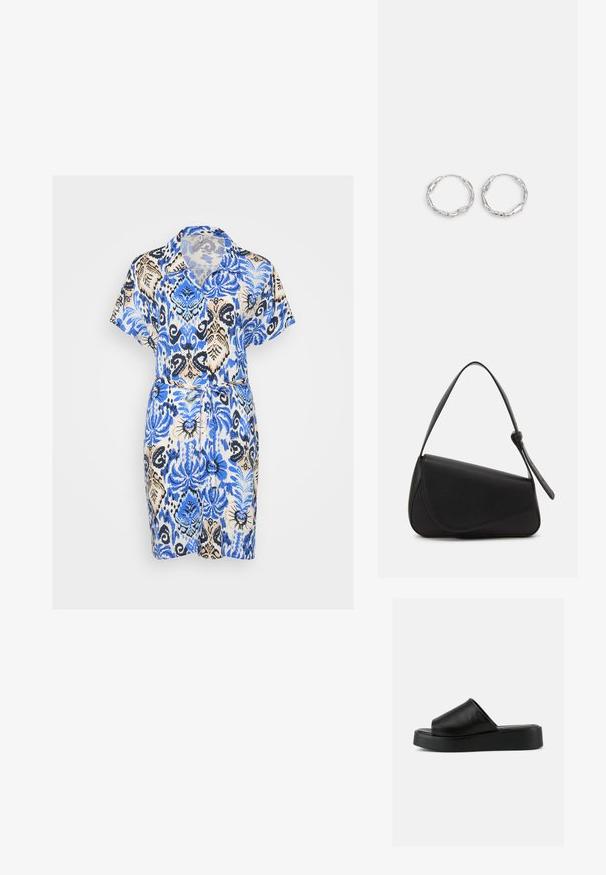 Kurzes Kleid mit kurzen Ärmeln und V-Ausschnitt, versehen mit einem blauen und beigefarbenen Blumenmuster, tailliert mit einem Stoffgürtel, aus leichtem Material gefertigt.; Schwarzer Slip-On Plateau-Sandale mit breitem Lederobermaterial und dicker Sohle, seitlich auf grauem Hintergrund gezeigt.; Schwarze Lederhandtasche mit dreieckiger Form, schrägem Klappdeckel und rundem Oberhandgriff. Verfügt über eine glatte Textur und minimalistische Designdetails.; Silberne Creolen mit einer welligen, unregelmäßigen Textur. Besitzen eine dünne, kreisförmige Form und eine reflektierende Oberfläche.