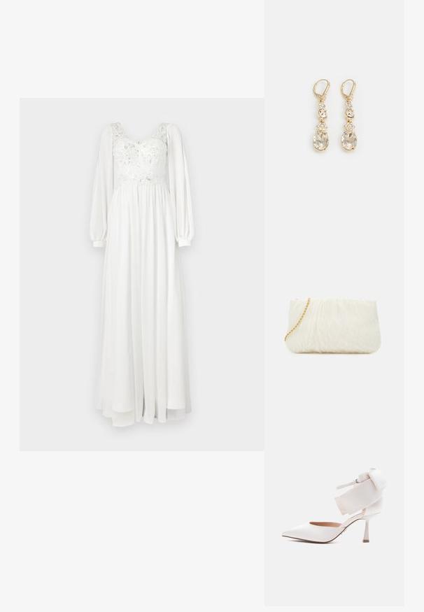 Lang witte jurk met een kanten lijfje met borduursels, geplooide lange mouwen en een vloeiende rok. Soepele textuur en lichtgewicht materiaal.; Witte pumps met spitse neus, enkelriem en grote decoratieve strik aan de achterkant, zijaanzicht op een effen achtergrond.; Witte textuur clutch bag met een geplooide ontwerp, voorzien van een gouden kettingriem. Gladde afwerking met subtiele golven en afgeronde randen.; Goudkleurige oorhangers met een heldere ovale crystal aan de basis, verfraaid met kleinere kristallen en bloemdetails erboven.