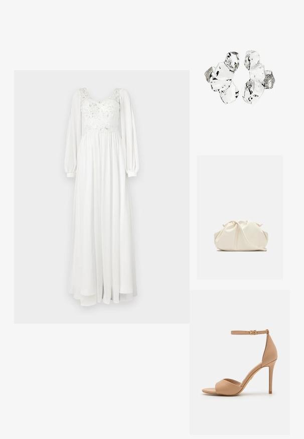 Lang witte jurk met een kanten lijfje met borduursels, geplooide lange mouwen en een vloeiende rok. Soepele textuur en lichtgewicht materiaal.; ALDO CRERIDE PILLOW WALK - Sandalen - beige; Zachte, crèmekleurige leren clutch met geplooid, gerimpeld ontwerp en een dunne schouderriem die vooraan op een effen achtergrond ligt.; Cluster van zes onregelmatig gevormde, doorschijnende en reflecterende glasachtige stukken die zijn gerangschikt op een witte achtergrond.