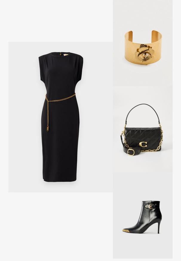 Vestido midi negro con mangas cortas, escote redondo, detalles plisados y un cinturón de cadena dorada, confeccionado en un tejido suave.; Botín negro hasta el tobillo fabricado en cuero brillante, con punta puntiaguda, tacón de aguja y detalles dorados con una hebilla decorativa.; Bolso de mano de cuero negro con diseño acolchado, una correa de cadena dorada y un prominente cierre dorado. Cuenta con una correa de cuero desmontable para mayor versatilidad.; Brazalete rígido de metal dorado con acabado texturizado y martillado que presenta un diseño floral con tres pequeñas perlas falsas en el centro.