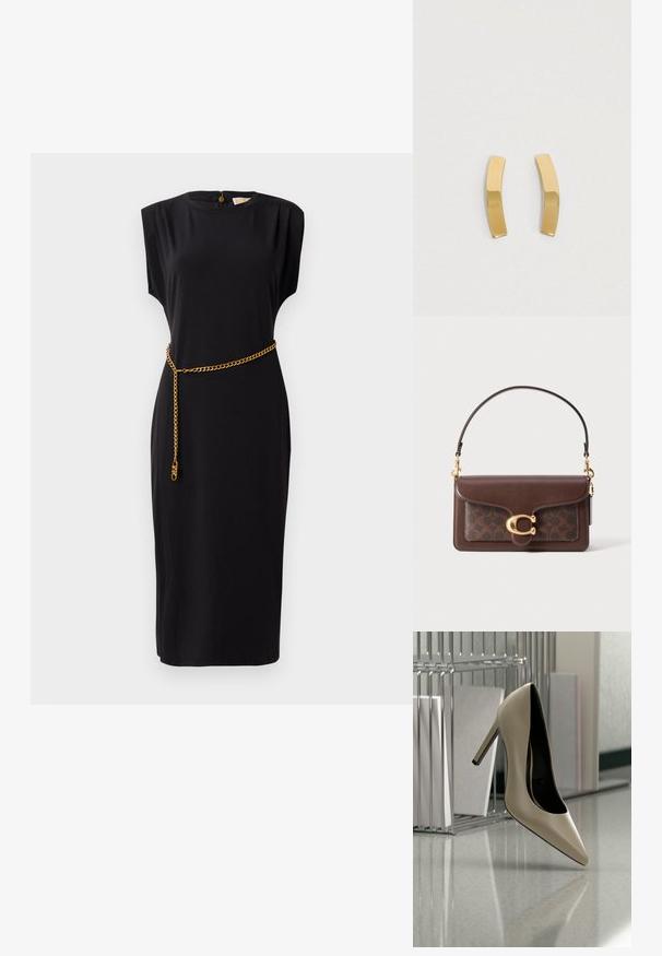 Vestido midi negro con mangas cortas, escote redondo, detalles plisados y un cinturón de cadena dorada, confeccionado en un tejido suave.; Zapato de tacón alto beige equilibrado sobre su tacón en una superficie brillante junto a un organizador de archivos metálico con documentos.; Bolso de mano de cuero marrón con un diseño marrón estampado, herrajes dorados, un asa superior y un cierre magnético con un detalle de logotipo distintivo.; Pendientes de metal en tono dorado con un diseño curvado y alargado. La superficie es lisa y pulida, presentando un estilo minimalista.