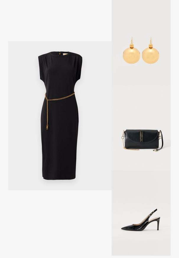 Zwarte midi-jurk met korte mouwen, ronde halslijn, geplooide details en een gouden kettingriemaccent, gemaakt van een gladde stof.; Zwarte gepatineerde leren slingback pump met een puntige neus, slanke hak en een subtiel uitgesneden ontwerp. Bevat een gouden gesp op de band.; Zwarte leren crossbodytas met gebogen klep, gouden kettingriem en gouden wasknijpervormige sluiting op een effen achtergrond.; Een paar glanzende gouden kerstbal-oorbellen met haaksluitingen op een effen witte achtergrond.