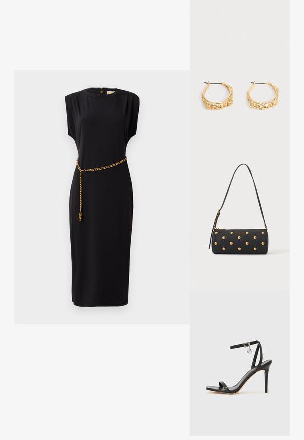 Zwarte midi-jurk met korte mouwen, ronde halslijn, geplooide details en een gouden kettingriemaccent, gemaakt van een gladde stof.; Zwarte sandaal met hoge hak, smalle enkelband, vierkante neus, soepel leermateriaal en metalen gespsluiting.; Zwarte cilindervormige handtas met gouden studs en een verstelbare schouderriem, met het "Michael Kors"-logo in goud op de voorkant.; Set gouden creolen met sierlijke bloem- en bladreliëf op een neutrale achtergrond.