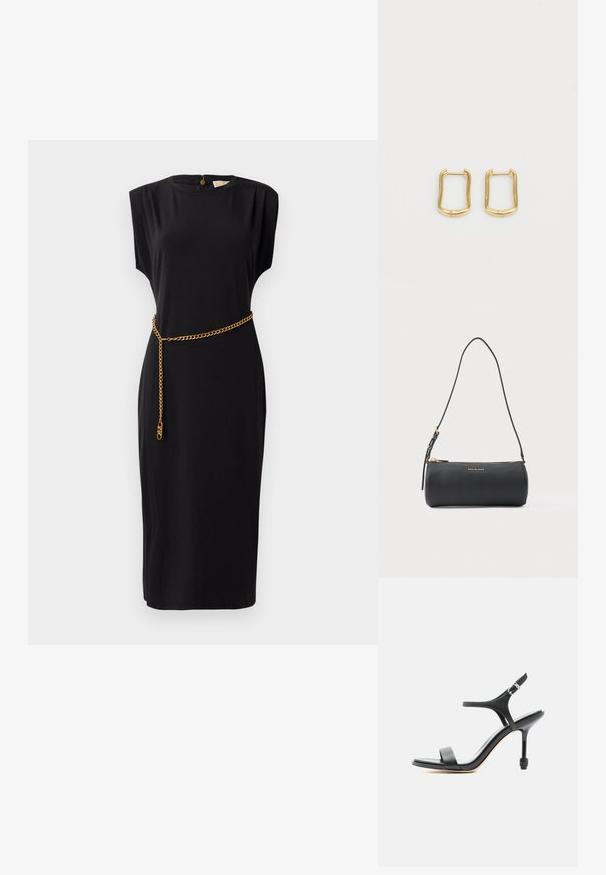 Vestido midi negro con mangas cortas, escote redondo, detalles plisados y un cinturón de cadena dorada, confeccionado en un tejido suave.; Sandalia negra de cuero con tacón alto, tiras delgadas, puntera abierta y hebilla ajustable en el tobillo, presentada sobre un fondo blanco liso.; Bolso de hombro cilíndrico negro de cuero con cremallera dorada y logo "Michael Kors" en el frente, correa ajustable con hebilla.; Pendientes de aro dorados con una forma rectangular irregular, que presentan una textura suave y un brillo sutil. Diseño sencillo sin adornos.