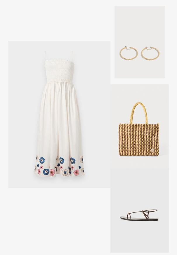 Robe blanche sans manches avec corsage smocké et broderie florale en bleu, rose et beige le long de l'ourlet.; Sandale en cuir marron avec des fines lanières, un accent circulaire doré et une semelle plate. Design minimaliste avec un détail de boucle réglable.; Sac tissé marron et jaune, de forme rectangulaire, avec deux poignées, et une finition texturée avec des coutures visibles et une étiquette de marque.; Paire de boucles d'oreilles créoles en or de taille moyenne avec un design texturé et perlé sur un fond clair uni.