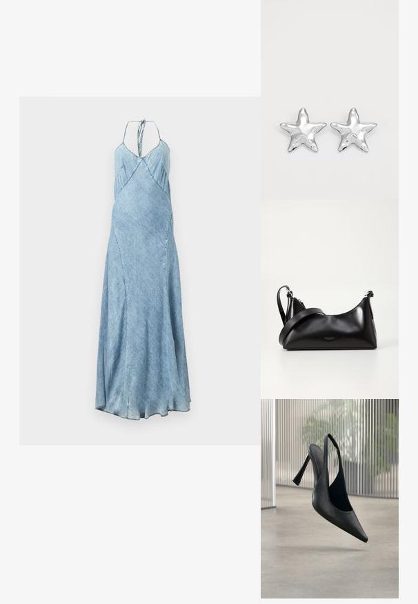 Denimkjole i lys blå nuance med spaghetti-stropper, A-line snit og subtile plisseringer langs bodice. Lang, flydende silhuet.; Sort læder slingback stilet hælsko med spids tå, svævende over en glat beton gulv og vertikal metal panel baggrund.; Sort læderhåndtaske med en glat tekstur. Har en justerbar stropp og et enkelt, minimalistisk design med lynlås.; Sølvstjernede øreringe med en poleret, blank overflade. Hver ørering har fem spidser og subtile teksturdetaljer på overfladen.