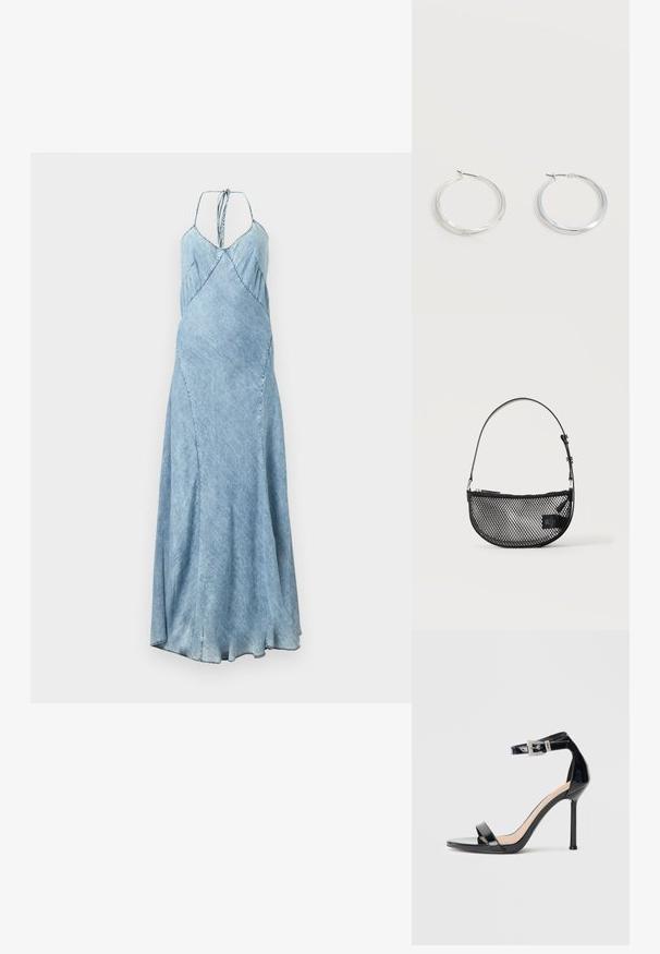 Robe en denim d'une teinte bleu clair, dotée de bretelles spaghetti, d'une coupe évasée et de plis subtils le long du corsage. Silhouette longue et fluide.; Sandale à talon haut en cuir verni noir avec bride à la cheville. Présente un design minimaliste, un bout ouvert et une boucle ornée de strass.; Sac à main en maille noire forme demi-lune avec une courte bandoulière en cuir réglable et une fermeture éclair sur un fond clair uni.; Boucles d’oreilles créoles en métal argenté avec une surface lisse légèrement incurvée et des fermoirs à clapet sur un fond blanc uni.