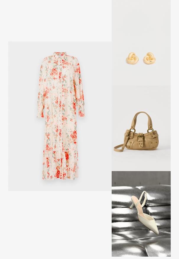 Bloemen mididress in crème met rode en groene bloemen. Kenmerken zijn een knoopsluiting aan de voorkant, lange mouwen en een tiered zoom. Lichtgewicht stof.; Enkel witte slingback pumps met puntige neus en hoge hak, rustend op een glanzend, metallic zilveren gewatteerde oppervlakte.; Beige leren handtas met dubbele handvatten, messing gesps en klinknagel details, en een verstelbare schouderriem tegen een witte achtergrond.; Een paar glanzende oorstekers in goudkleur, gevormd als knopen, tegen een effen witte achtergrond.