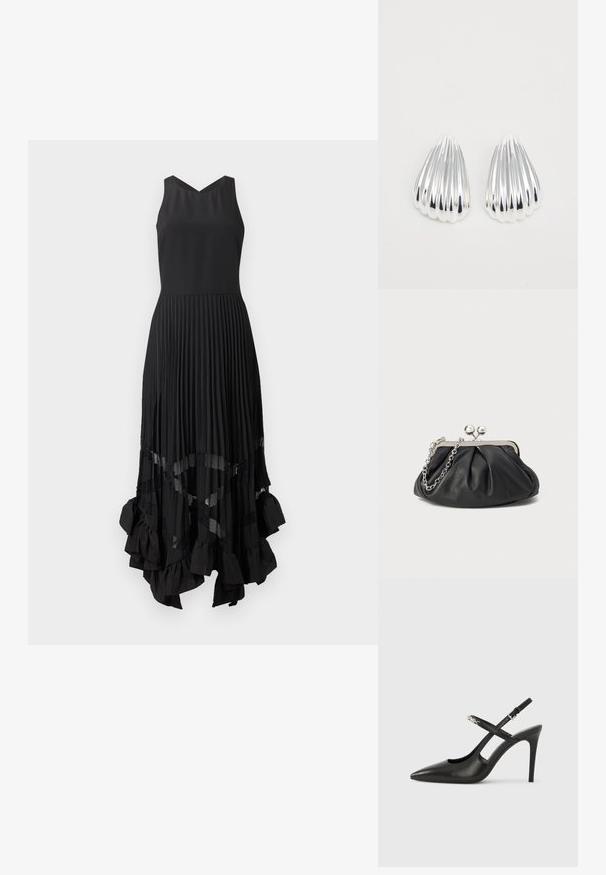 Vestido negro sin mangas con corpiño ajustado, falda plisada, detalles de paneles transparentes y dobladillo asimétrico con volantes.; Tacones altos slingback de cuero negro con punta afilada, diseño con recortes y correa ajustable con herrajes metálicos.; Clutch de cuero negro con textura arrugada, marco de metal en tono plateado, cierre de beso y cadena para colgar. Superficie suave y lisa.; Un par de pendientes en forma de concha, de metal plateado brillante y estriado, sobre un fondo blanco liso, mostrando superficies reflectantes y suaves.