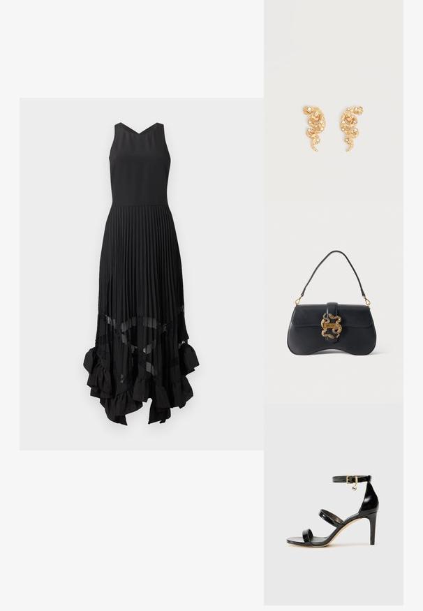 Vestido negro sin mangas con corpiño ajustado, falda plisada, detalles de paneles transparentes y dobladillo asimétrico con volantes.; Sandalia de charol negro con tres correas, hebilla en el tobillo y tacón de aguja de 10 cm. Presenta detalles de hardware en oro y un charm con el logo.; Bolso de mano de cuero negro con forma curva, asa única y cierre dorado en forma de serpiente etiquetado con "Just Cavalli" sobre un fondo liso.; Pendientes en forma de serpiente con tono dorado adornados con pequeños cristales claros sobre un fondo claro liso.