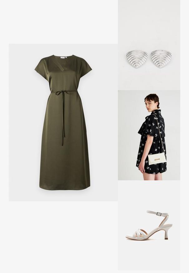 Vestido verde oliva, hasta la rodilla, con mangas cortas, escote en V y cinturón en la cintura. Hecho de una tela suave con un ajuste relajado y un brillo sutil.; Sandalia blanca de tacón medio con tres tiras delanteras, una correa en el tobillo con hebilla plateada y un tacón ligeramente curvado sobre un fondo liso.; Vestido negro con patrones de lazo blanco, mangas cortas, volantes en los hombros. Clutch blanco con cadena dorada y cierre, sujeto en la mano derecha.; Pendientes en tono plateado con un diseño ondulado y texturizado, con forma de media lunas superpuestas; el acabado pulido realza las cualidades reflectantes.