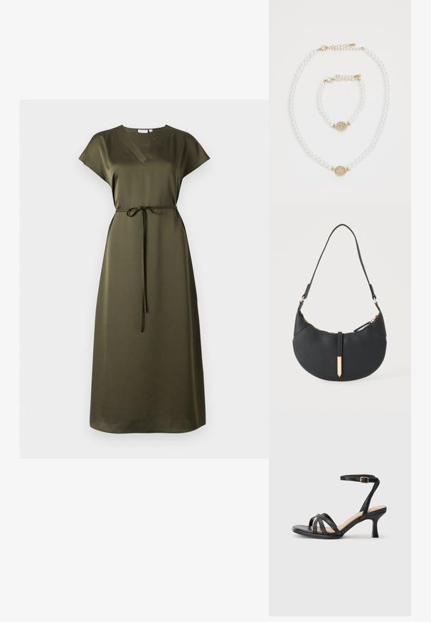 Vestido verde oliva, hasta la rodilla, con mangas cortas, escote en V y cinturón en la cintura. Hecho de una tela suave con un ajuste relajado y un brillo sutil.; Sandalias negras de tacón alto con múltiples tiras finas en la parte delantera, una sola tira en el tobillo con un hebilla dorada y punta cuadrada.; Bolso negro en forma de media luna con una sola correa, cremallera dorada y una lengüeta decorativa rectangular dorada en la parte delantera.; Collar de perlas y pulsera a juego con cierres de oro y un charm redondo de oro decorado con pequeños cristales sobre un fondo blanco.
