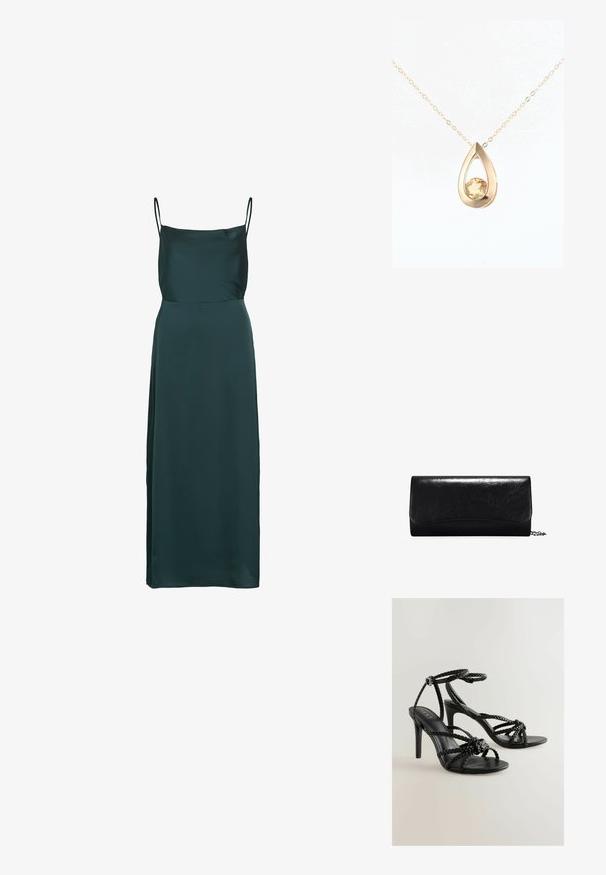 Vestido lencero largo de satén en verde oscuro con finas tirantes de espagueti y escote recto.; Sandalias de tacón alto negras con tiras trenzadas, punta abierta y hebilla en el tobillo. Textura suave con un diseño estilizado y un tacón delgado.; Clutch de cuero negro con una textura suave, forma rectangular y detalles con borde en la parte delantera. Incluye una correa de cadena desmontable.; DIAMANT L'ÉTERNEL Collar - gold coloured