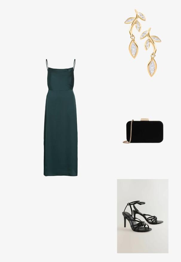 Vestido lencero largo de satén en verde oscuro con finas tirantes de espagueti y escote recto.; Sandalias de tacón alto negras con correas trenzadas, hebilla en el tobillo y textura suave. Diseño de punta abierta con tacón de aguja esbelto.; Clutch de terciopelo negro con herrajes en tono dorado, de forma rectangular y con correa de cadena, que presenta una textura suave y sin patrones visibles.; DIAMANT L'ÉTERNEL Pendientes - gold coloured