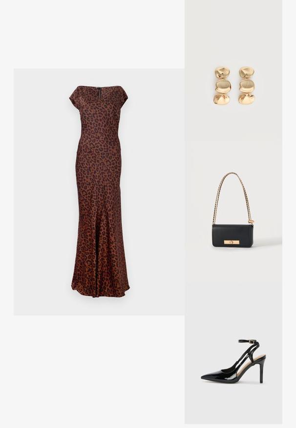 Leopardenmuster-Kleid aus glattem Stoff, mit taillierter Form, U-Boot-Ausschnitt und ausgestellt geschnittenem Saum. Die Farben sind Braun und Schwarz.; Schwarze Patentleder-High-Heel-Slingback-Pumps mit spitzem Zeh, verstellbarem Knöchelriemen und offenen Seiten. Glatte Textur.; Schwarze rechteckige Lederhandtasche mit goldenem Kettenriemen und goldenem rechteckigem Verschluss vorne.; Ohrhänger in Goldoptik mit drei unregelmäßigen, glatten, abgerundeten Segmenten, die vertikal auf einem schlichten, hellen Hintergrund gestapelt sind.