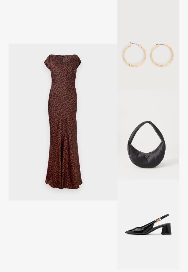 Vestido de leopardo hecho de tela suave, con una forma ajustada, cuello barco y dobladillo acampanado. Los colores incluyen marrón y negro.; Zapatos de charol negro con tacón de pala y puntera afilada, con detalles en tono dorado en la correa, que presentan un tacón cuadrado. Textura suave.; Bolso de satén negro con forma curva, que cuenta con un cierre de cremallera y un logo triangular en metal en la parte delantera. Textura suave y diseño elegante.; Par de pendientes de aro con textura en tono dorado y postes delgados sobre un fondo blanco.