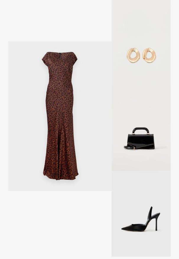 Vestido de leopardo hecho de tela suave, con una forma ajustada, cuello barco y dobladillo acampanado. Los colores incluyen marrón y negro.; Zapato de tacón alto de cuero negro con punta afilada, costado abierto y tacón stiletto delgado. Textura suave con un acabado brillante.; Bolso rectangular negro brillante con asa superior, herrajes dorados y correa desmontable, colocado sobre un fondo claro y sencillo.; Par de pendientes de aro de metal en tono dorado pulido, de forma irregular y con centro abierto, sobre un fondo blanco liso.