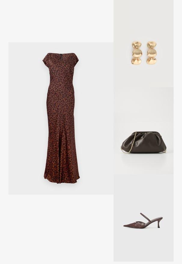 Leopardenmuster-Kleid aus glattem Stoff, mit taillierter Form, U-Boot-Ausschnitt und ausgestellt geschnittenem Saum. Die Farben sind Braun und Schwarz.; Braune Slingback-Schuh mit spitzem Zeh und einem dünnen Riemen, der ein dezentes Blumenmuster und einen schmalen Stiletto-Absatz aufweist.; Braune Lederhandtasche mit gerafftem Design, goldenen Kettenriemen und weicher, strukturierter Oberfläche. Kompakte Form, die sich für den abendlichen Gebrauch eignet.; Ohrhänger in Goldoptik mit drei unregelmäßigen, glatten, abgerundeten Segmenten, die vertikal auf einem schlichten, hellen Hintergrund gestapelt sind.