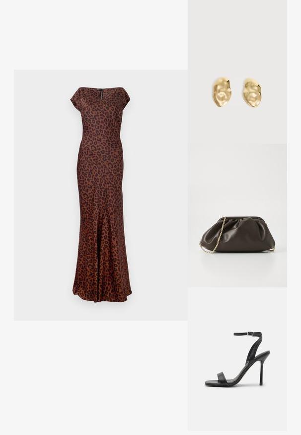 Leopardenmuster-Kleid aus glattem Stoff, mit taillierter Form, U-Boot-Ausschnitt und ausgestellt geschnittenem Saum. Die Farben sind Braun und Schwarz.; Schwarze High-Heels-Sandalen mit schlankem Knöchelriemen und zwei vorderen Riemen. Aus glattem Leder gefertigt, mit einer eleganten spitzen Zehenform und einem Stiletto-Absatz.; Braune Lederhandtasche mit gerafftem Design, goldenen Kettenriemen und weicher, strukturierter Oberfläche. Kompakte Form, die sich für den abendlichen Gebrauch eignet.; Paar glänzende, unregelmäßig geformte Ohrstecker aus Goldmetall mit zerknitterter, glatter Oberfläche auf schlichtem hellem Hintergrund.