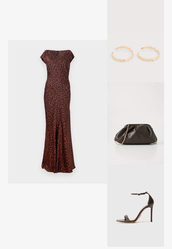Leopardprint jurk van soepele stof, met een figuurvormige pasvorm, bateauhals en een uitlopende zoom. Kleuren zijn bruin en zwart.; Bruine hoge hak sandaal met een slanke enkelband en een platte teband. Gladde leermateriaal met een spitse neus en stilettohakken.; Bruine leren handtas met een geaccentueerd ontwerp, gouden kettinghengsel en een zachte, textuurafwerking. Compacte vorm geschikt voor avondgebruik.; Oorringen in goudkleur met een onregelmatig golfpatroon en ingelegde heldere kristalaccenten, bevestigd met achterkantjes van kunststof.