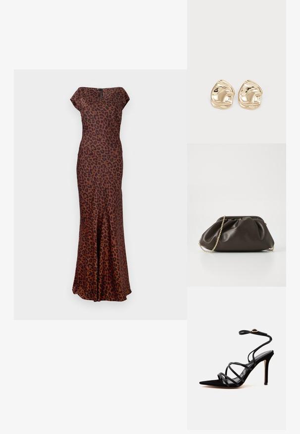 Vestido de leopardo hecho de tela suave, con una forma ajustada, cuello barco y dobladillo acampanado. Los colores incluyen marrón y negro.; Sandalia negra de tacón alto con puntera punta, tiras finas cruzadas y una correa en el tobillo con hebilla dorada sobre un fondo claro y liso.; Bolso de mano de cuero marrón con un diseño fruncido, correa de cadena dorada y un acabado suave y texturizado. Forma compacta adecuada para uso nocturno.; Pendientes de stud en tono dorado, con un diseño irregular y suave, que presenta una superficie reflectante y bordes ondulados. Sin adornos adicionales.