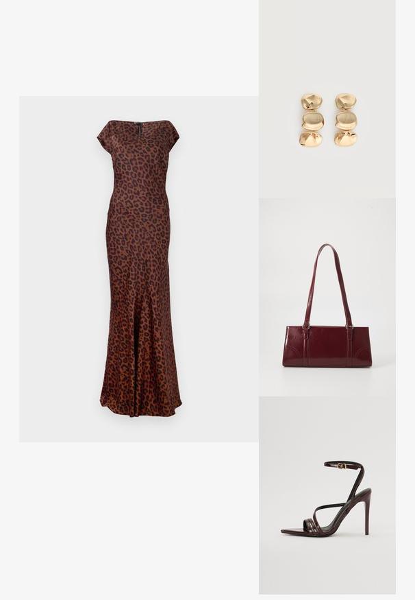 Vestido de leopardo hecho de tela suave, con una forma ajustada, cuello barco y dobladillo acampanado. Los colores incluyen marrón y negro.; Sandalia de tacón alto de charol burdeos con tira en el tobillo, punta afilada y tres tiras horizontales en el pie. Detalle de hebilla en tono dorado.; Bolso burdeos hecho de material brillante, de forma rectangular, con dos asas para el hombro y sutiles acentos curvados en la parte frontal.; Pendientes colgantes en tono dorado con tres segmentos irregulares, lisos y redondeados apilados verticalmente sobre un fondo claro y liso.