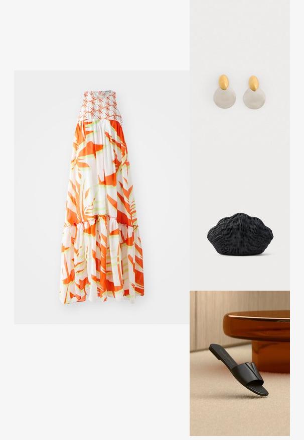 Vestido maxi con torso fruncido, que presenta un patrón abstracto en naranja y verde sobre un fondo blanco y un dobladillo con volantes.; Sandalia negra Valentino de punta abierta apoyada sobre una alfombra beige junto a una mesa redonda marrón en una habitación de luz suave y ambiente neutro.; Bolso de mimbre negro con forma de concha de vieira con parte superior curva y textura tejida sobre un fondo liso.; Pendientes de metal dorado y plateado con base de disco redondo y pieza superior ovalada, textura suave y acabado pulido.