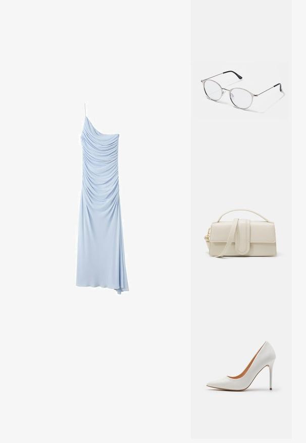 Robe de soirée bleu clair à une épaule avec des détails de tissu froncé et une longue jupe fluide.; Pompe à talon aigu en cuir verni blanc avec un bout pointu et une fine talon stiletto, présentant une texture lisse et un intérieur beige.; Lunettes en métal argenté avec des verres ronds et une fine monture. Les embouts de branches noirs offrent un contraste. Plaquettes de nez ajustables incluses.; Sac à main en cuir couleur crème, de forme rectangulaire, avec une poignée plate et une bandoulière détachable ; présente un rabat à l'avant avec une fermeture magnétique.