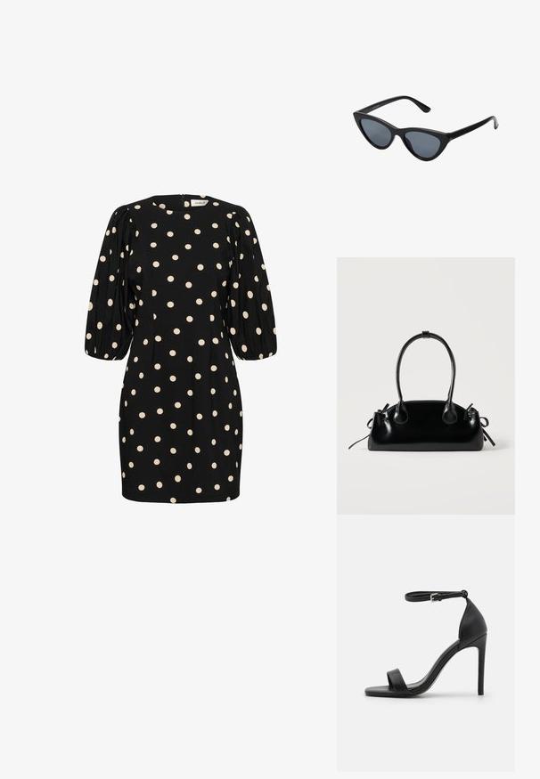 Sort kjole med lysecreme prikker, korte puffærmer, rund halsudskæring og en skjult lynlås bagpå. Blødt stof med en glat tekstur.; Sort højhælet sandal med et sleek design, der har en ankelrem, åben tå og glat lædertekstur.; Sorte katteøje solbriller med mørkegrå linser, slankt plastisk stel, spidse hjørner og lige stænger. Ingen synlig hardware eller dekorationer.; Lille sort blank håndtaske med to lange håndtag og snøre-detaljer i siden på en ensfarvet lys baggrund.