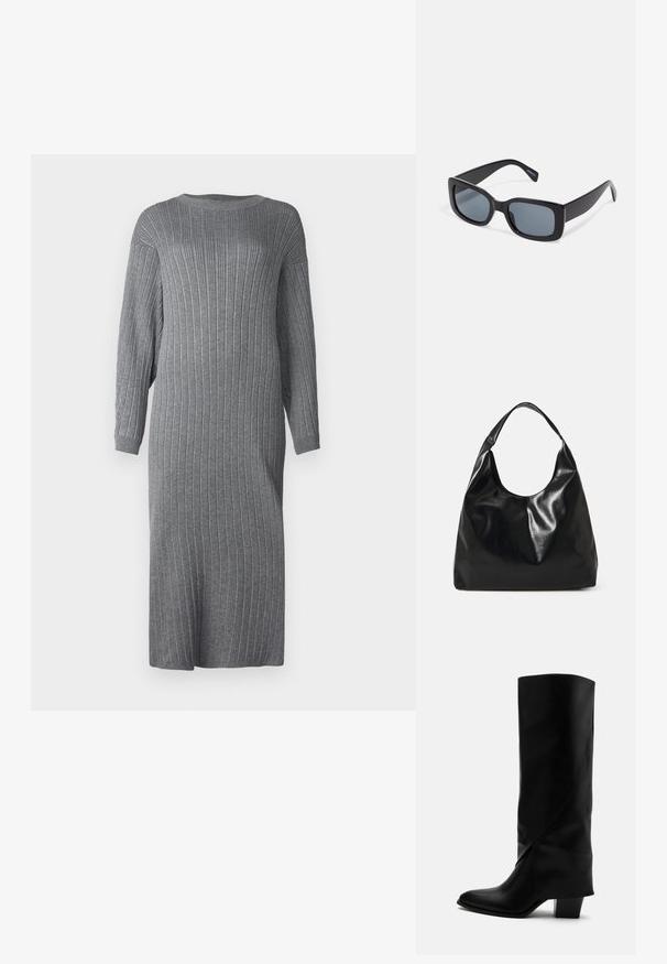 Robe en tricot ribbed grise, coupe ample, avec des manches longues, un col rond et une longueur mi-mollet. Présente une texture verticale sur l'ensemble du tissu.; Botte haute en cuir noir avec couture inclinée, bout pointu et talon épais de taille moyenne sur fond blanc.; Lunettes de soleil rectangulaires noires avec des verres teintés foncés, monture en plastique épaisse et branches larges. Surface lisse et design angulaire.; Sac hobo en cuir noir avec une texture douce et brillante et un haut ouvert arrondi. Dispose d'une large sangle courbée pour le transport. Pas de matériel visible.