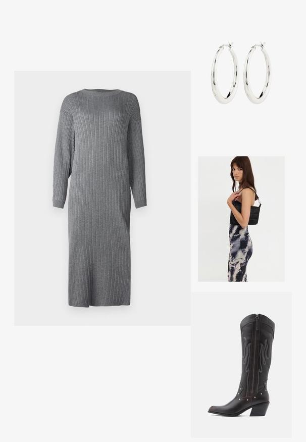 Vestido de punto acanalado gris, de corte holgado, con mangas largas, cuello redondo y largo hasta la mitad de la pantorrilla. Presenta una textura vertical en toda la tela.; Botas de cowboy de cuero marrón con costuras en forma de llama, cremallera lateral, tachuelas plateadas, punta puntiaguda y tacón apilado.; Bolso de hombro negro acolchado con una sola correa y herrajes plateados, combinado con un vestido ajustado de patrón tie-dye en tonos de negro y crema.; Pendientes de aro de plata con un acabado suave y brillante. Forma circular, con un cierre seguro. Diseño sencillo y elegante.
