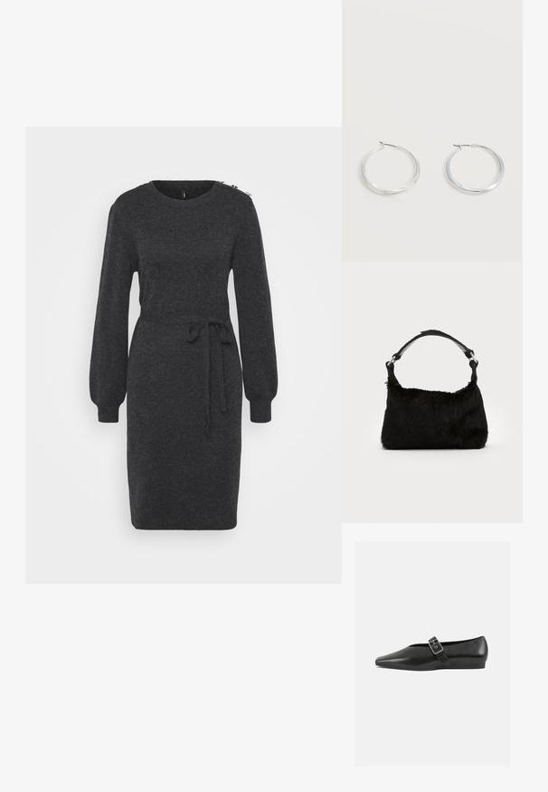 Robe tricotée gris foncé avec de longues manches bouffantes, un col rond et un accent de taille nouée. Présente des éléments décoratifs au niveau des épaules.; Chaussure plate en cuir noir avec un orteil pointu, présentant une sangle à boucle métallique sur le cou-de-pied et une semelle basse et flexible.; Sac à main en fausse fourrure noire avec une texture douce, une forme arrondie et une bandoulière en cuir noir robuste. Accent en métal argenté visible.; Boucles d’oreilles créoles en métal argenté avec une surface lisse légèrement incurvée et des fermoirs à clapet sur un fond blanc uni.