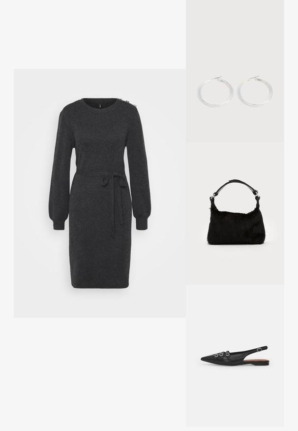 Donkergrijze gebreide jurk met lange, voluminöse mouwen, een ronde halslijn en een strikaccent rond de taille. Bevat decoratieve hardware op de schouder.; Zwarte leren slingback ballerina met spitse neus, voorzien van twee horizontale bandjes en vierkante zilveren gespen, lage hak en een gladde textuur.; Zwarte neplederen handtas met een zachte textuur, ronde vorm en een stevige zwartleren schouderband. Zilveren hardwareaccenten zichtbaar.; Een paar glanzende zilveren oorringen met dunne draadafsluitingen, getoond op een lichtgrijze achtergrond.
