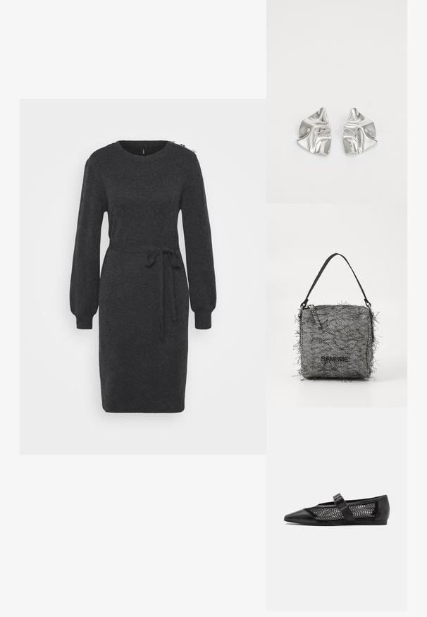 Robe tricotée gris foncé avec de longues manches bouffantes, un col rond et un accent de taille nouée. Présente des éléments décoratifs au niveau des épaules.; Chaussure plate noire avec un bout pointu, panneaux latéraux en maille et une sangle avec une boucle décorative. Fini lisse sur les sections du bout et du talon.; Sac en tricot noir et blanc en chevrons avec des bords frangés, doté d'une fine bandoulière et d'un logo sur le devant.; Boucles d'oreilles en métal argenté avec un design ondulé et sculptural, présentant une finition polie et des formes irrégulières, mettant en valeur une esthétique contemporaine.