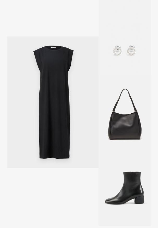 Schwarzes ärmelloses Kleid aus strukturiertem Stoff, mit geradem Schnitt und breiten Schulterdetails, bis zur Mitte der Wade reichend.; Schwarzer Lederknöchelstiefel mit abgerundeter quadratischer Spitze, seitlichem Reißverschluss und klobigem niedrigem Absatz auf schlichtem hellem Hintergrund.; Schwarze Handtasche aus synthetischem Leder mit weicher Textur, Hobo-Form und doppelten Schulterriemen; zeichnet sich durch ein glänzendes Finish und minimalistisches Design aus.; Silberne Steckerohrringe mit einem kreisförmigen Design, umgeben von klaren Strasssteinen, mit einer glatten Metalloberfläche.