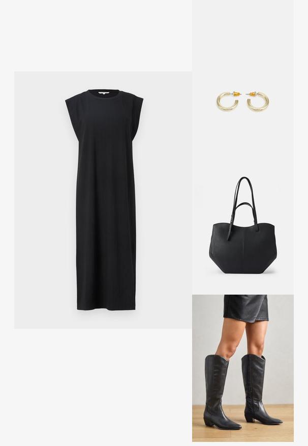 Schwarzes ärmelloses Kleid aus strukturiertem Stoff, mit geradem Schnitt und breiten Schulterdetails, bis zur Mitte der Wade reichend.; Schwarze knielange Stiefel aus glattem Leder, mit spitzem Zehenbereich, niedrigem Blockabsatz und seitlichem Reißverschluss für ein einfaches Anziehen.; Schwarze Tragetasche aus glattem, strukturiertem Leder, mit abgerundetem oberen Teil und zwei langen Griffen. Verfügt über eine winklige Basis für Stabilität und ein strukturiertes Design.; Goldfarbene Creolen mit einer glatten, abgerundeten Form und einer polierten Oberfläche. Mit orangefarbenen Akzenten auf der Rückseite für sicheren Halt.