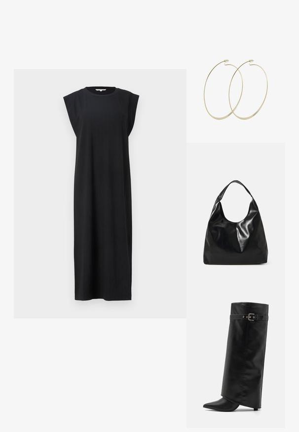 Vestido negro sin mangas hecho de tejido texturizado, con una silueta recta y un detalle de hombros anchos, que llega a la altura de la pantorrilla.; Even&Odd Botas de tacón - black; Bolso hobo de cuero negro con una textura suave y brillante y un diseño de parte superior redondeada y abierta. Cuenta con una amplia correa curvada para llevar. Sin hardware visible.; Pilgrim Pendientes - gold-coloured