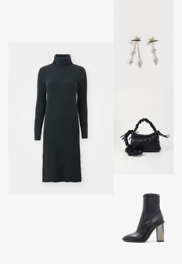 Mørkegrå turtleneck strikkjole i blødt strikmateriale, med lange ærmer og en tætsiddende silhuet, der går til midt på lægge.; Sort læderankelstøvle med spids tå, elastisk side og skinnende metallisk blokhæl. Har diskret syning langs kanterne.; Sort kunstlæder håndtaske med krokodilteksur, indsnøret top og en sammenkrøben rem. Ser blød og kompakt ud i designet.; Sølvstjerneformede ørestikkere med to hængende kæder; den ene kæde ender i en lynformet vedhæng, den anden i en spids kegle med indlejrede sten.