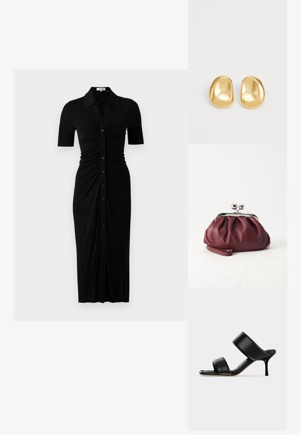 Schwarzes Kleid mit kurzen Ärmeln, Knopfleiste und Raffung. Aus glattem Stoff, knielang mit taillierter Silhouette.; Schwarze Leder-Mule-Sandale mit zwei breiten Riemen und einem schlanken, mittelhohen Stilettoabsatz auf einem schlichten hellen Hintergrund.; Kleine burgunderrote Lederclutch mit silbernem Metallverschluss und Handgelenksriemen auf weißem Hintergrund.; Goldfarbene Ohrstecker mit einer glatten, runden Form und einer reflektierenden Oberfläche, die ein minimalistisches Design ohne sichtbare Muster zeigen.