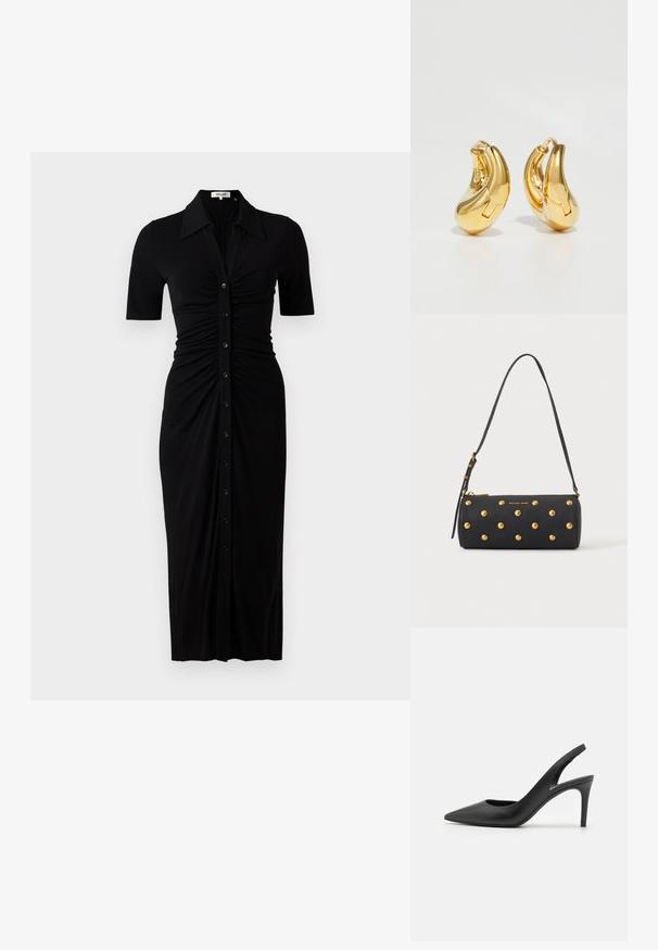 Vestido negro con mangas cortas, cierre de botones en la parte delantera y detalles fruncidos. Confeccionado en tela suave, de longitud hasta la rodilla y con silueta ajustada.; Zapatos de tacón alto de cuero negro con diseño de punta afilada, que presentan un corte en la parte delantera y un delgado tacón de aguja.; Bolso de mano negro cilíndrico con tachuelas doradas y correa ajustable para el hombro, con el logo "Michael Kors" en dorado en la parte delantera.; Pendientes de aro de oro con forma curva y suave, y acabado pulido. Presentan un mecanismo de cierre y ligeras indentaciones para un toque de detalle.