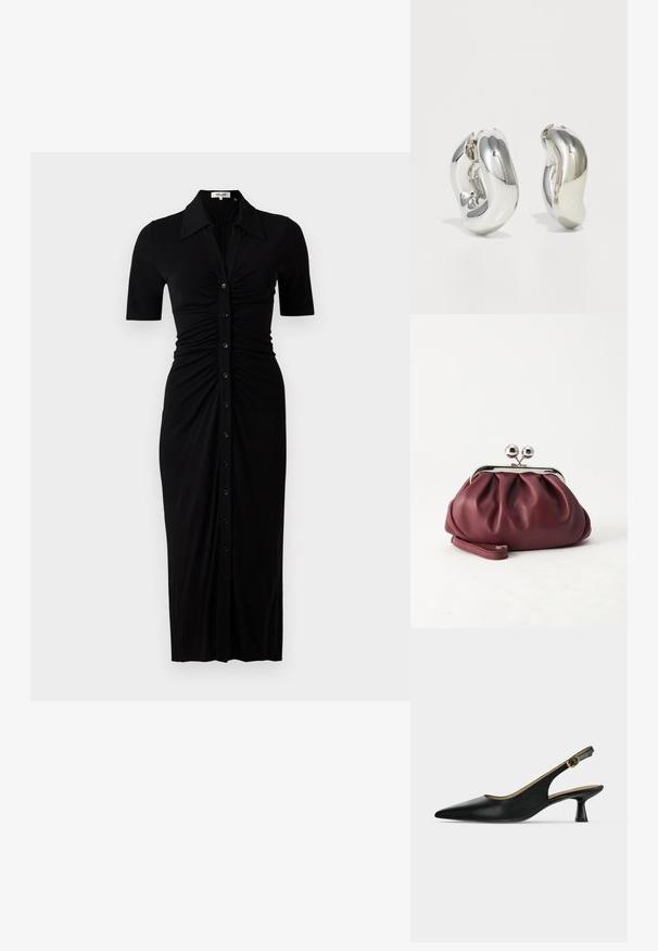 Čierne šaty s krátkymi rukávmi, zapínaním na gombíky a skladaním. Vyrobené z hladkej tkaniny, po kolená, s přiléhavým strihom.; Čierna slingback topánka so špicatou špičkou, nízkym rozšíreným opätkom a zlatou prackou, vystavená na jednoduchom svetlom pozadí.; Malá bordová kožená kabelka so strieborným kovovým zapínaním a remienkom na zápästie na bielom pozadí.; Strieborné sochárske náušnice s hladkými, zakrivenými tvarmi a reflexnými povrchmi. Obsahujú uzavretý kruhový dizajn a výraznú organickú formu.