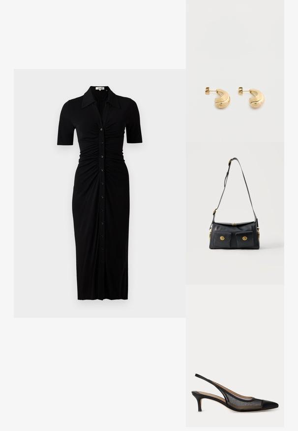 Zwarte jurk met korte mouwen, knoopsluiting en geplooide details. Gemaakt van gladde stof, knieholte-lengte met een aansluitende silhouet.; Zwarte slingback kittenheel schoen met puntige neus en transparante mesh zijkanten, beige binnenzool en dun riempje aan de achterkant.; Zwarte leren schoudertas met twee voorvakken en goudkleurige draaivergrendelingen, verstelbare riem en minimalistisch ontwerp.; Set van kleine gouden oorringen met een gedraaide vorm en subtiele stergravures, gefotografeerd van voren met vlinderachterkanten.